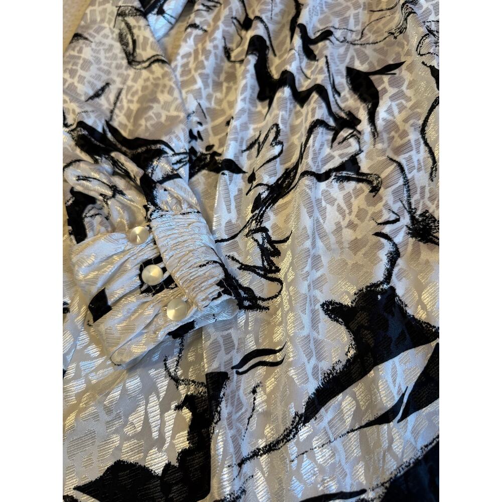 VTG TESS Paris-Milano Silkey Retro 80’s White Black Floral Turtle Neck Blouse 4 - Picture 9 of 13